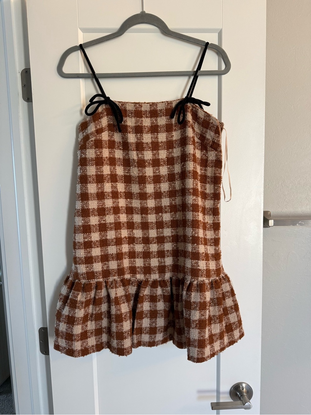 Checked Brown and Cream Tiered Mini Dress